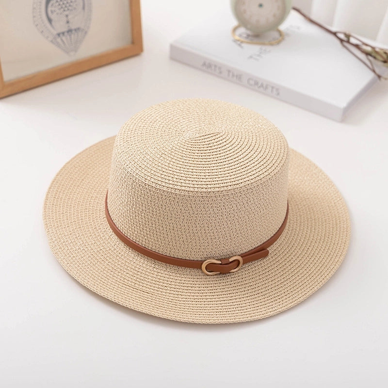 Flat Top  Hat  Summer Fashion Women's Sun Hat Sun Protection Sun Hat Paper Woven Hat Belt Hat