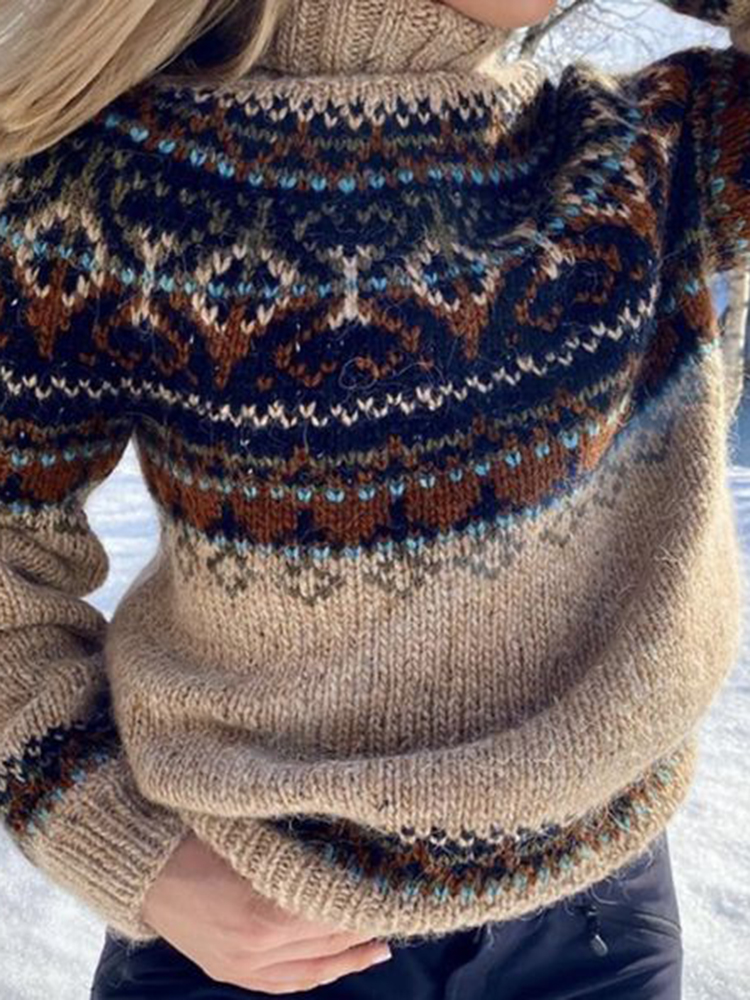 Vintage Icelandic Geometric Contrast Mid Neck Sweater