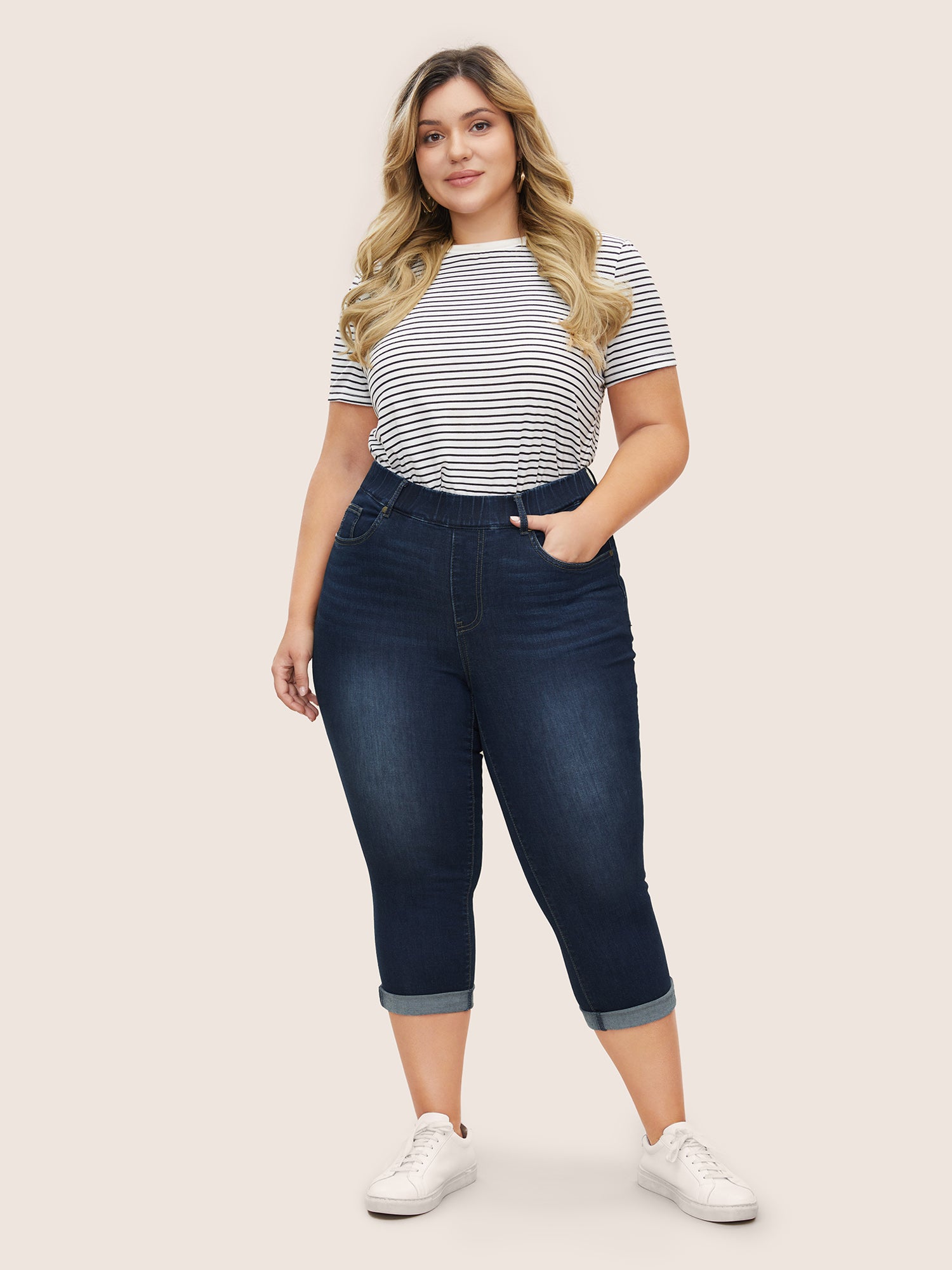 Dark Wash Elastic Waist Roll Hem Jeans
