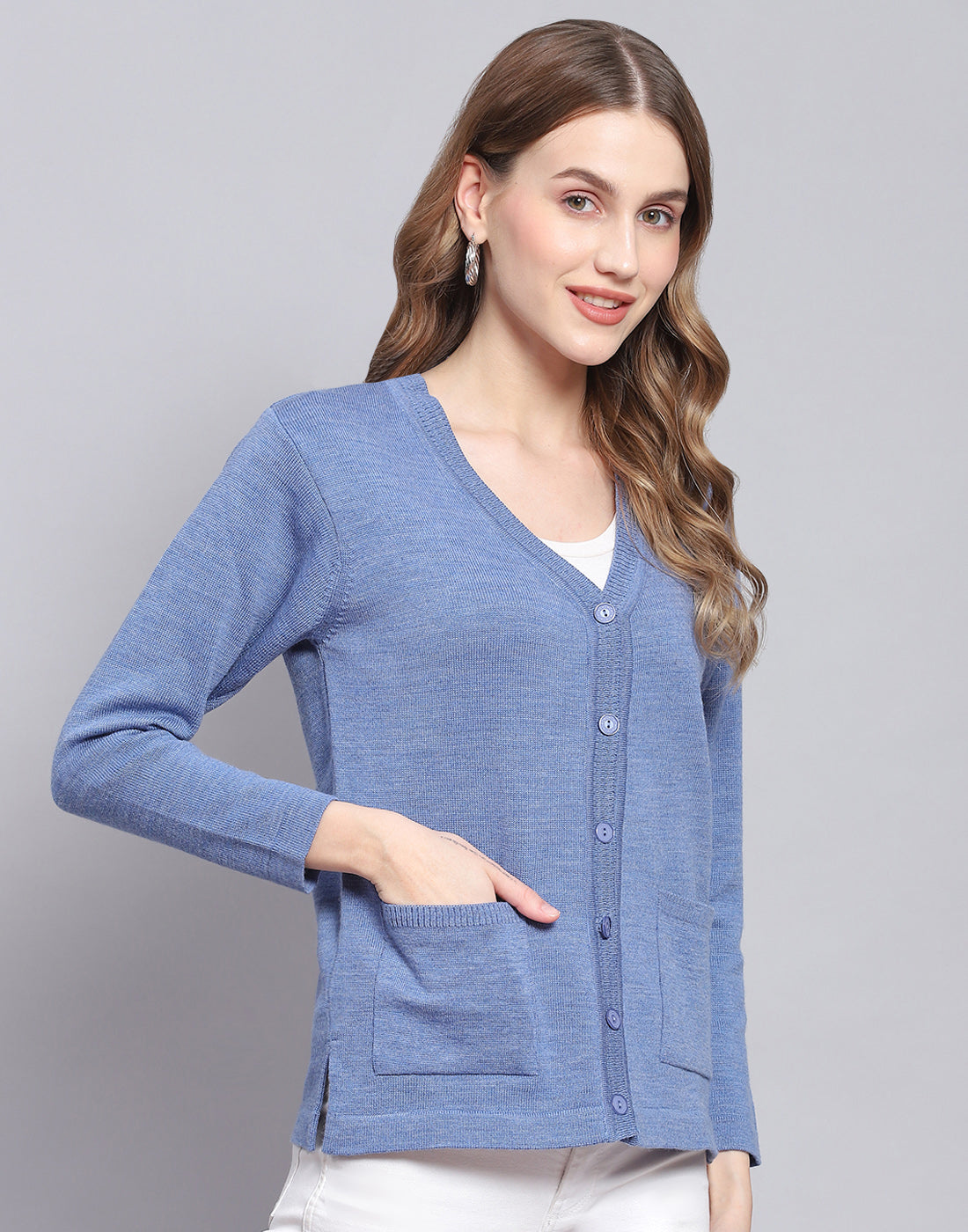 Women Blue Solid V Neck Full Sleeve Cardigan