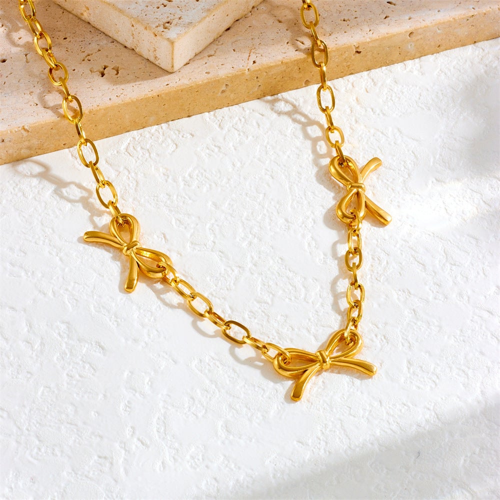 Fashion Simple Punk Retro Metal Gold Plated Stainless Steel Cross Chain Bow Accessories Necklace