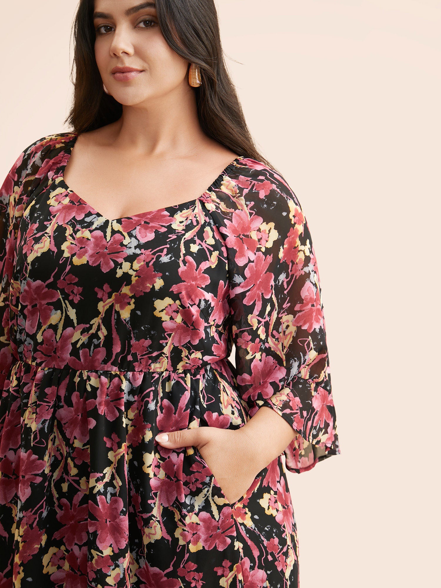 Heart Neckline Floral Mesh Patchwork Dress