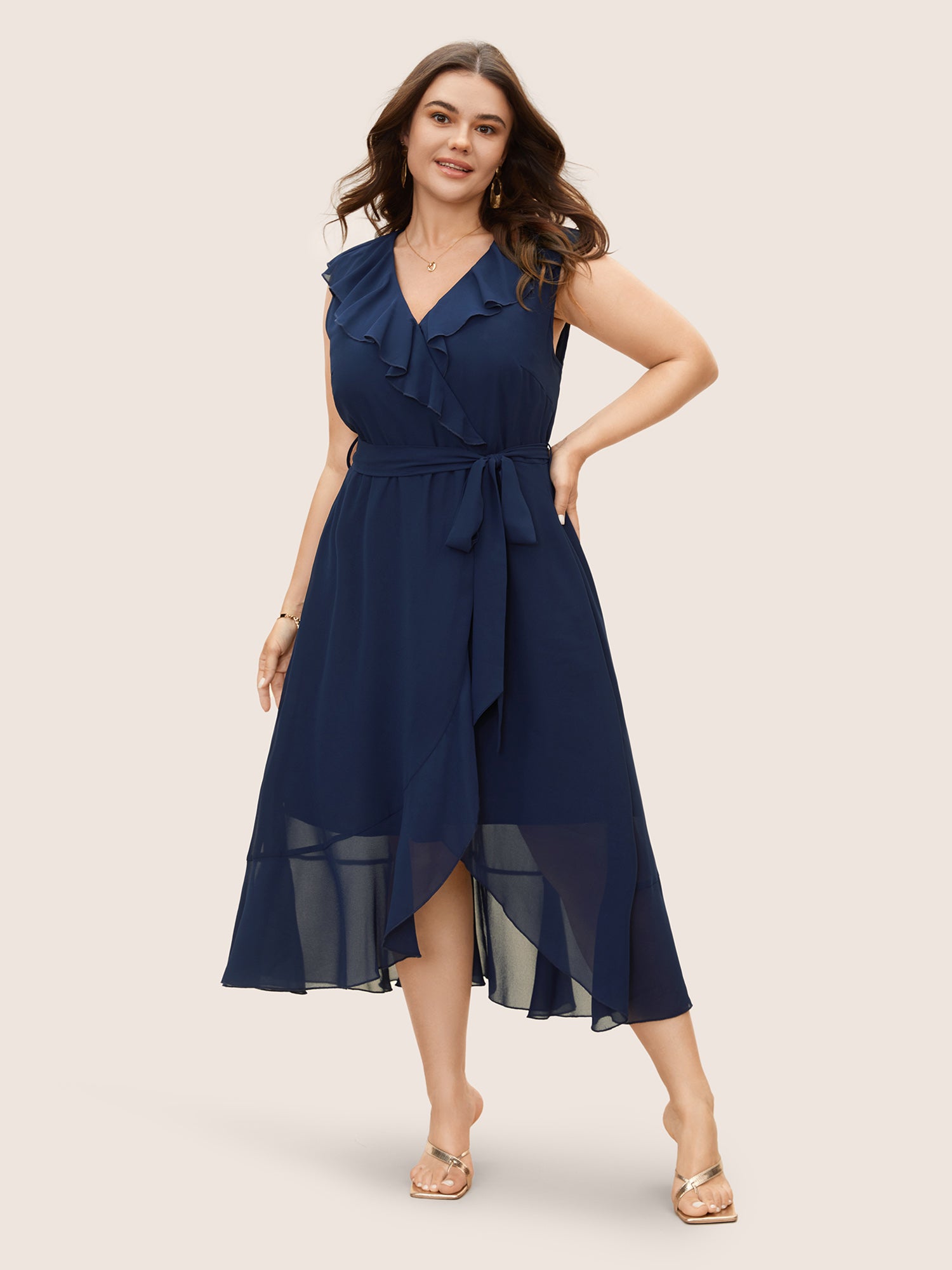 Chiffon Overlap Collar Ruffle Trim Dress