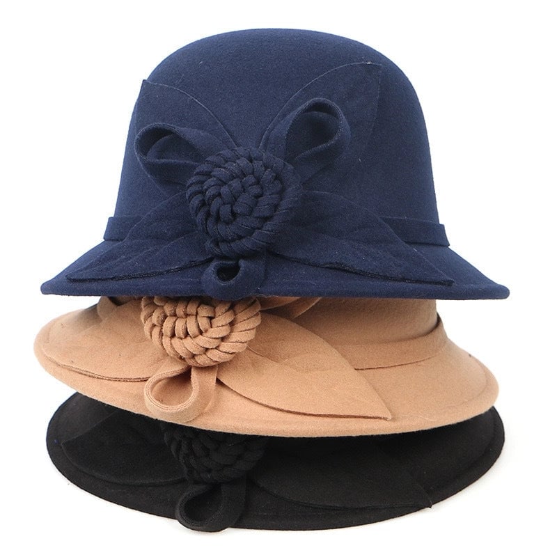 Autumn And Winter Woolen Top Hat Women's Dome Top Hat Solid Color Woolen Hat  Fashion Flower Lady Temperament Basin Hat