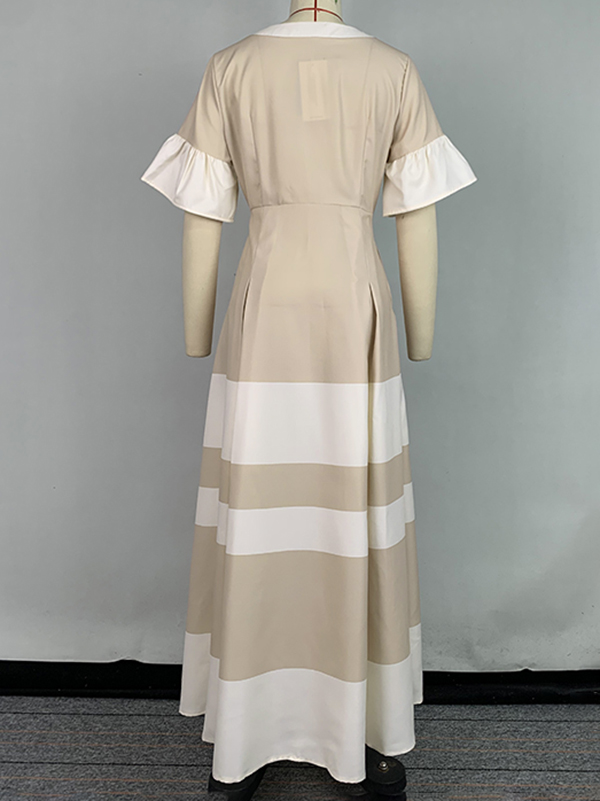 A-Line Flared Sleeves Contrast Color Pleated V-Neck Maxi Dresses