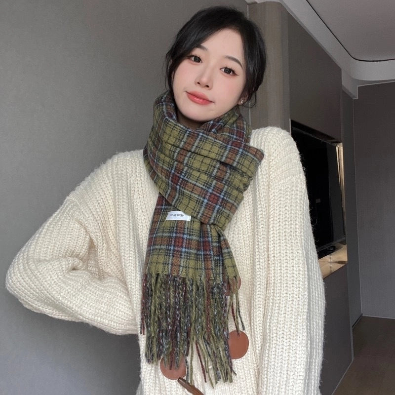 Autumn And Winter Vintage Forest Green Plaid Tassel Scarf Lengthened Warm Student Shawl Couple Scarf