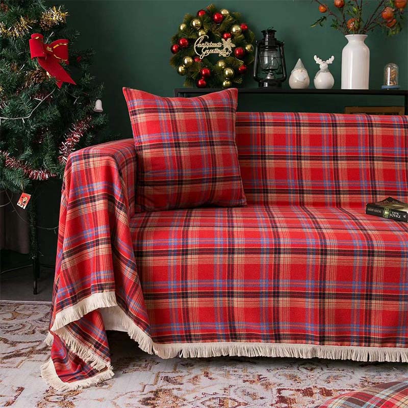 Vintage Christmas Style Plaid Blanket Full Wrap Couch Cover