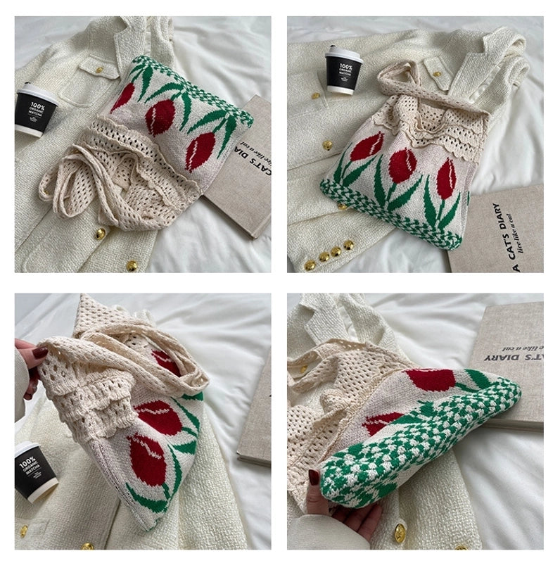 Women's Medium Fabric Flower Vintage Style Vacation Weave Open Handbag