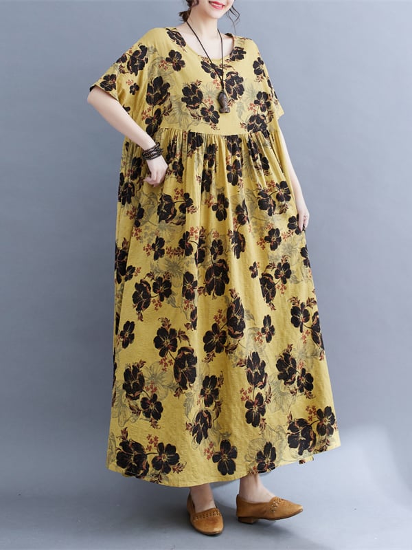 Loose Short Sleeves Pleated Printed Split-Joint Round-Neck Midi Dresses