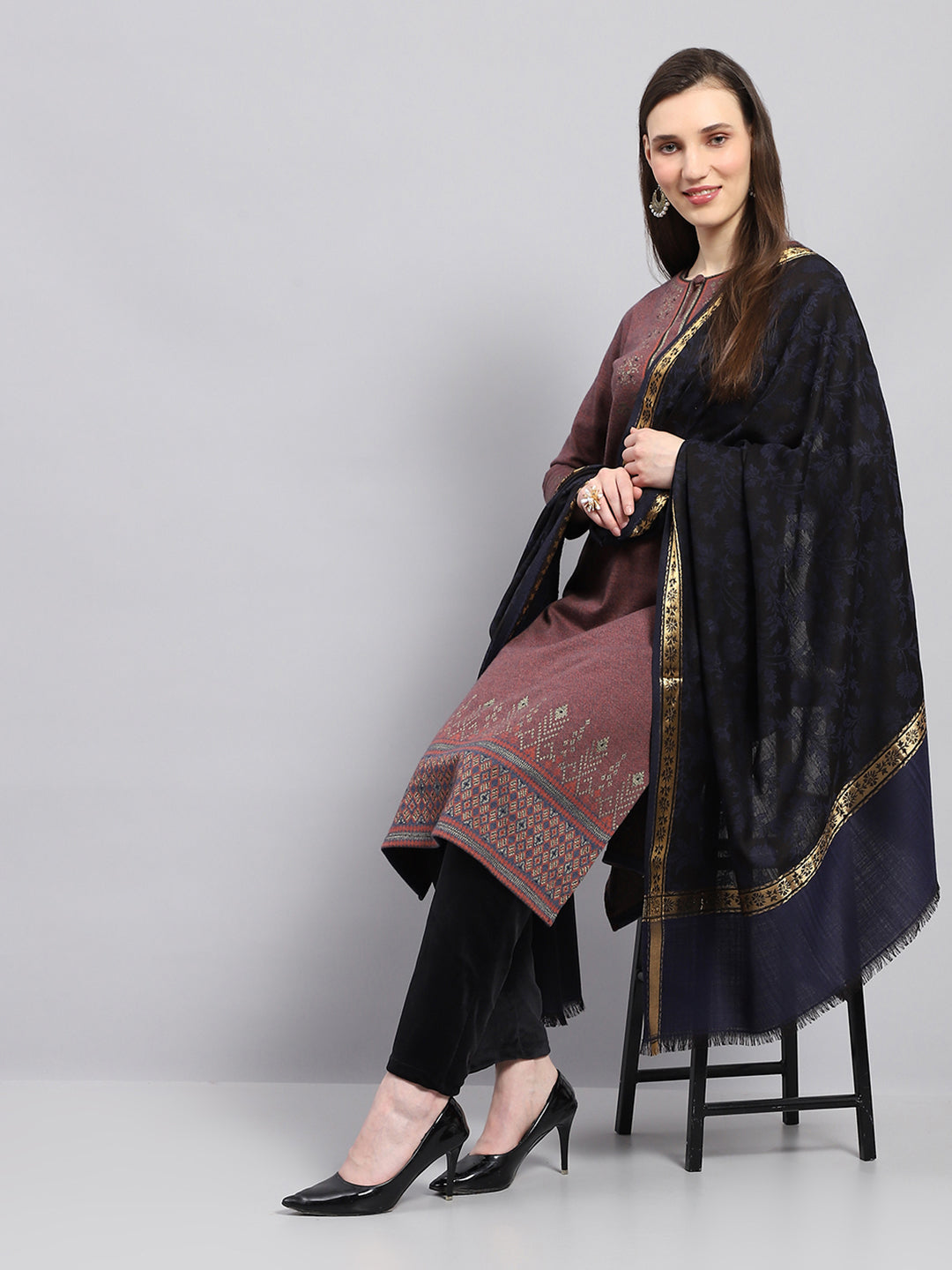 Women Navy Blue Self Design Shawl