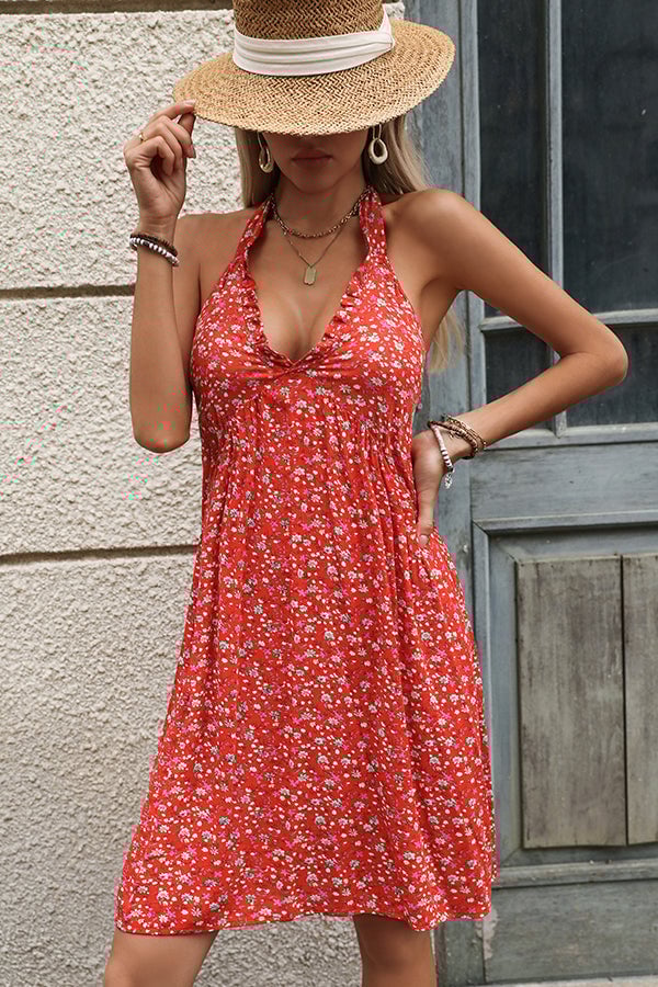 Fashion Floral Print Halter Neck Casual Dress