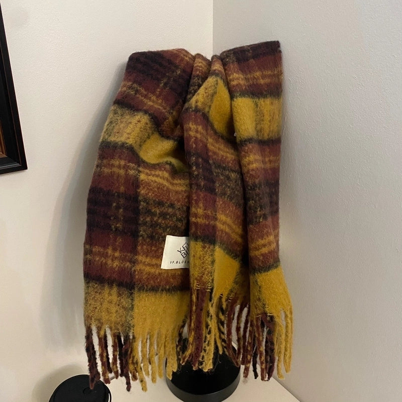 Plaid Scarf Women's Winter High-grade Gradient Mohair Thickened Warm Scarf New Cashmere-like Shawl