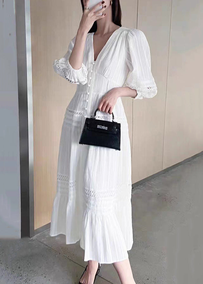 French White V Neck Hollow Out Cotton Dress Bracelet Sleeve