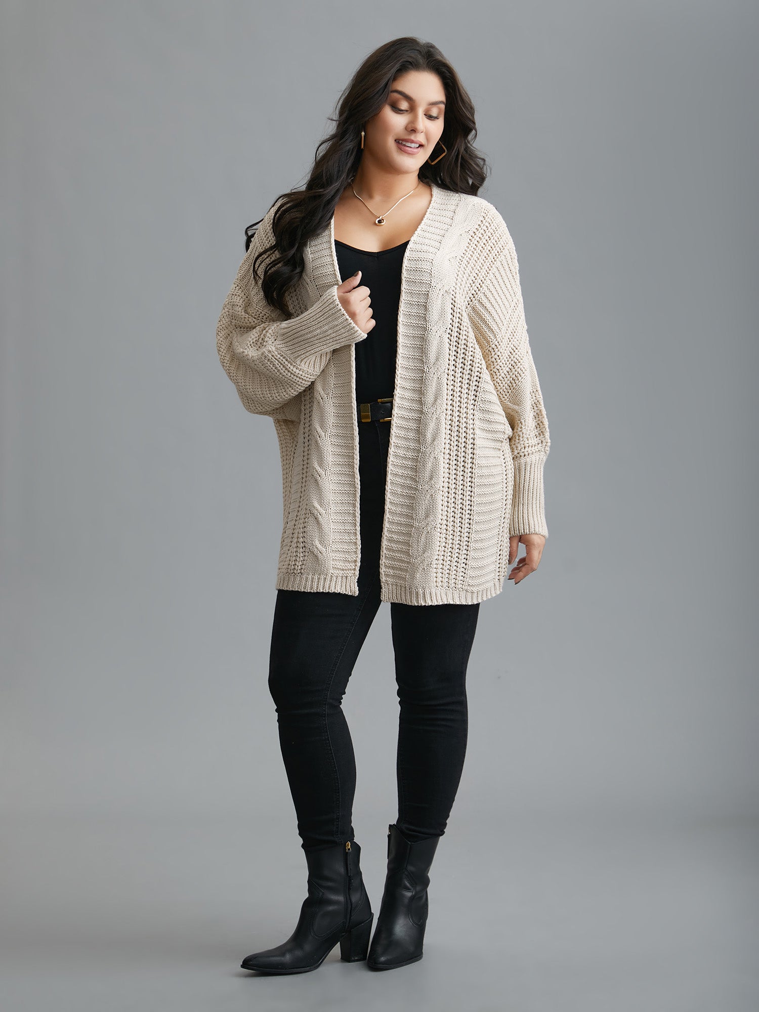 Cable Knit Open-Front Ribbed Knit Cardigan