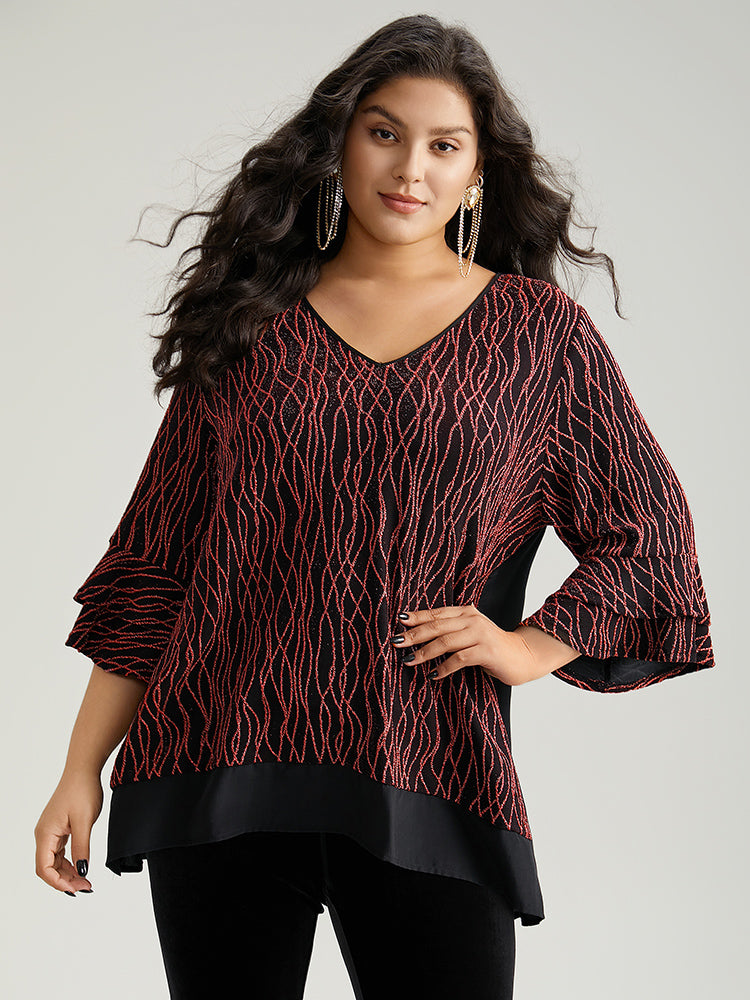 Lurex Layered Ruffle Sleeve Patchwork Blouse