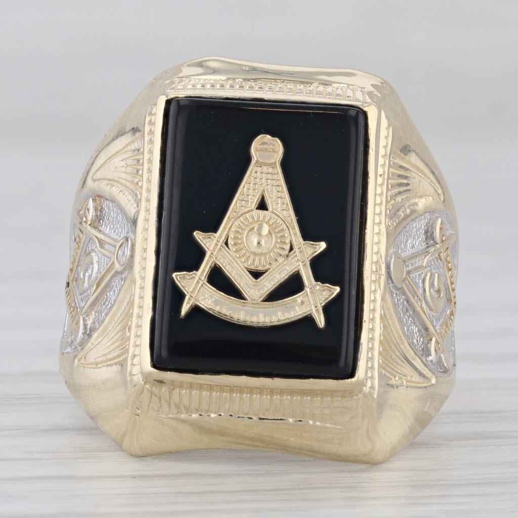 Past Master Mason Signet Ring 10k Gold Onyx Square Compass Sun Masonic Size 9