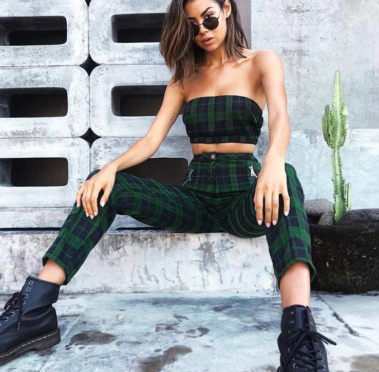 Green Plaid Trousers With Zipper Pockets