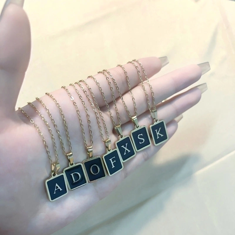 304 Stainless Steel K Gold Plated Minimalist Plating Inlay Letter Rectangle Shell Pendant Necklace