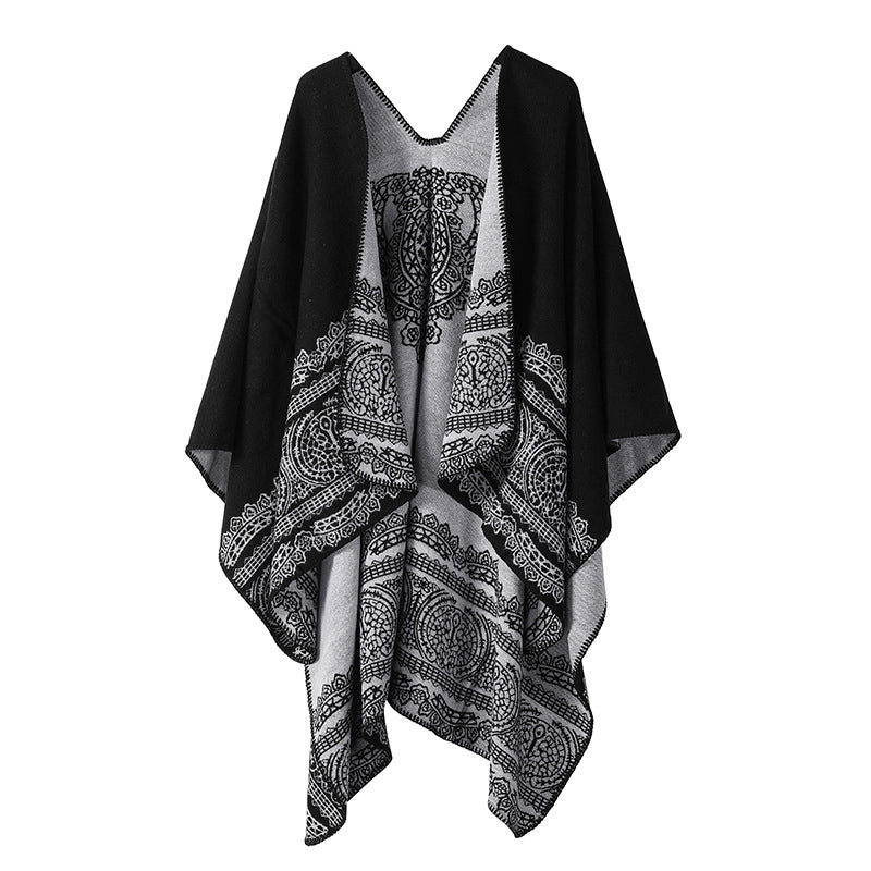 Winter Cashmere Double-sided Plaid Shawl Women's Outer Cape Increased Thickness Warm Knitted Scarf Spot