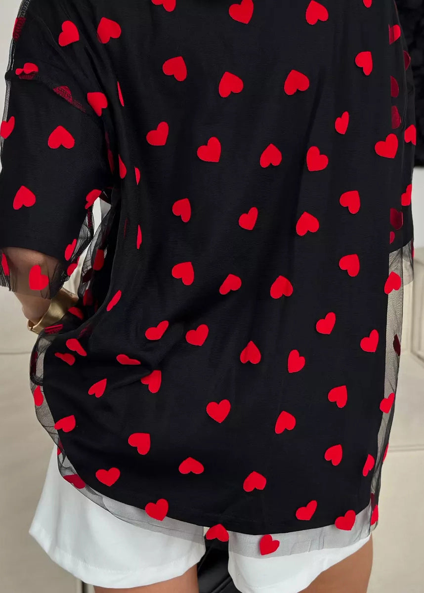 Black Love Tulle Patchwork T Shirt O Neck Summer