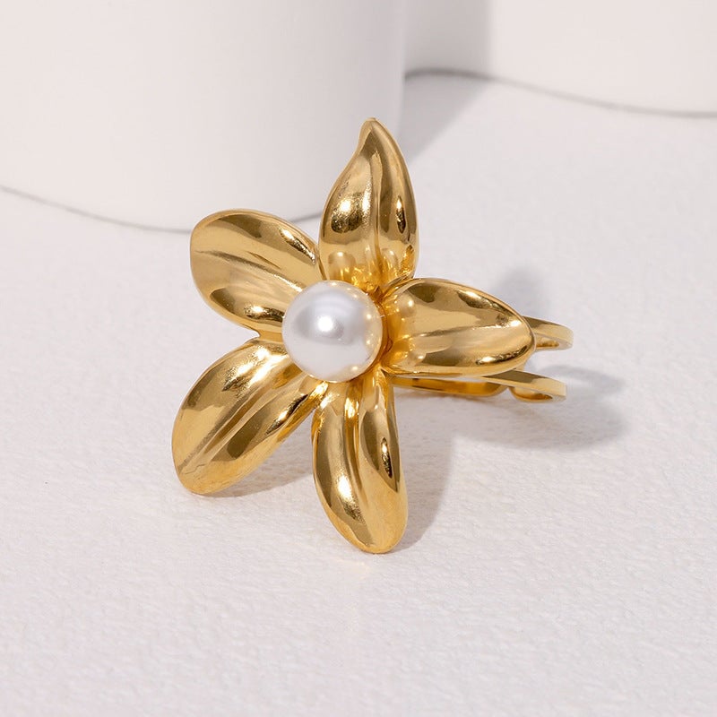 Simple And Versatile Flower Ring French Style Cold Style Real Pearl Stainless Steel Ring For Women