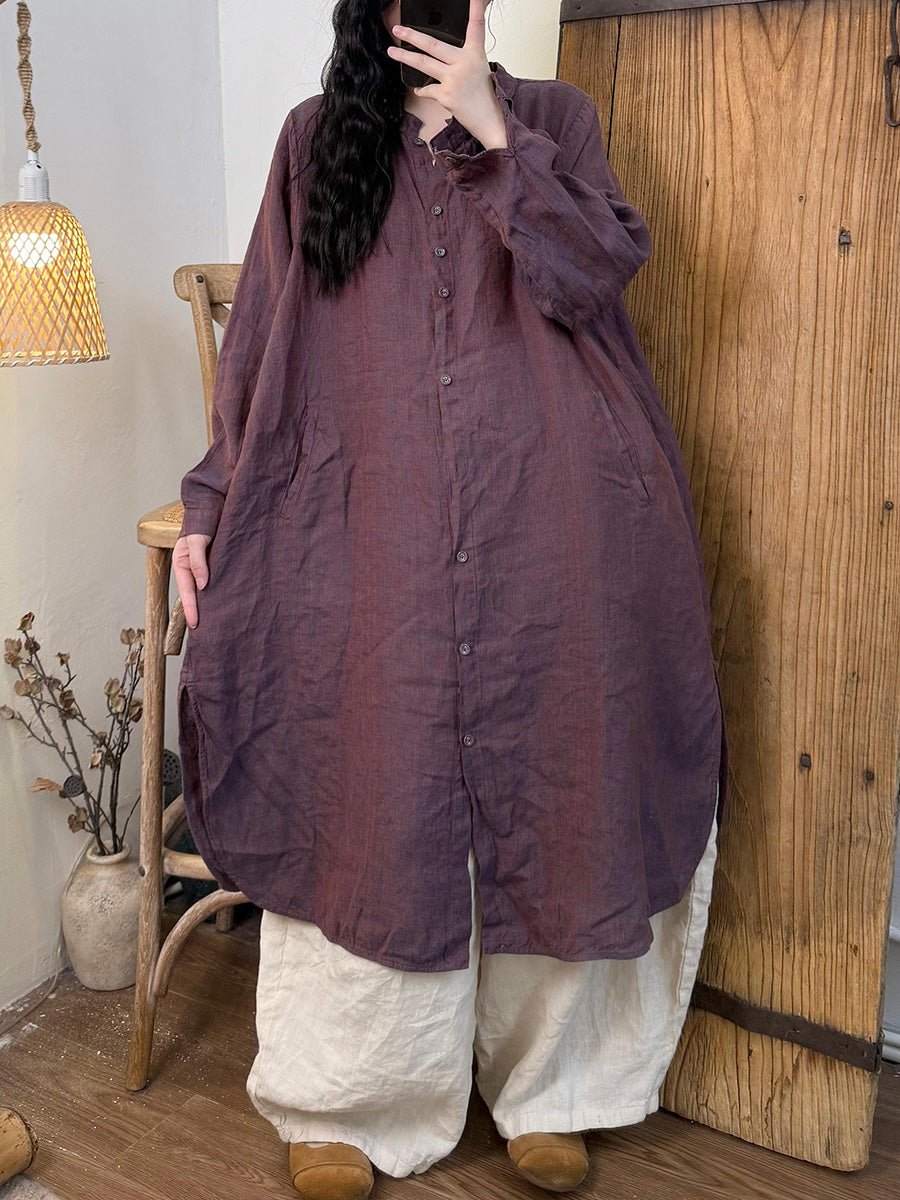 Women Summer Retro Pure Color Stand Collar Linen Long Shirt