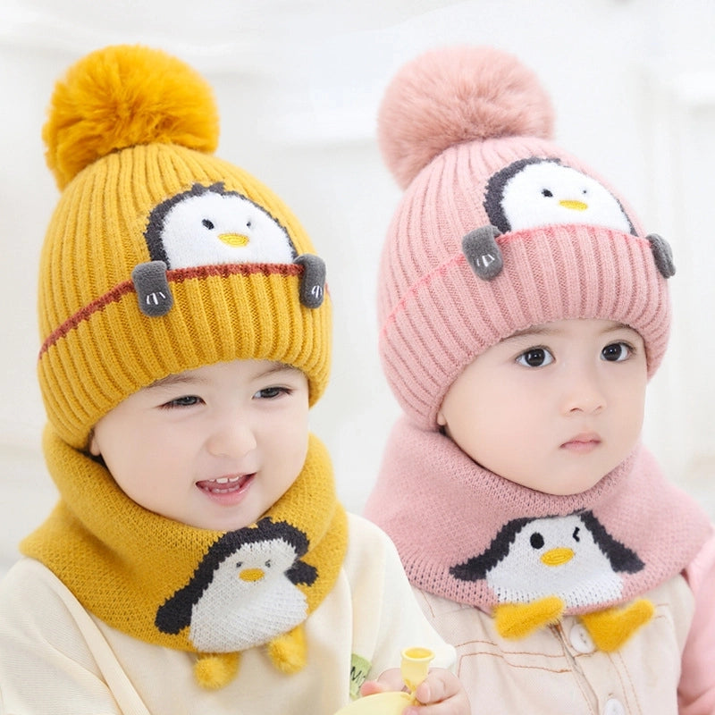 A Children's Hat Fleece-lined Baby Thick Wool Hat Warm Baby Hat Winter Knitted Hat Scarf Two-piece Set