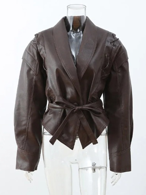 Long Sleeves Loose Split-Joint Tied Waist Lapel Jackets Outerwear