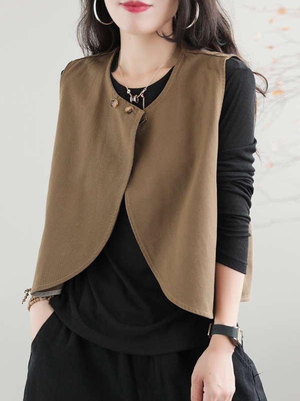 Artistic Retro Loose Sleeveless Solid Color Round-Neck Vest Outerwear