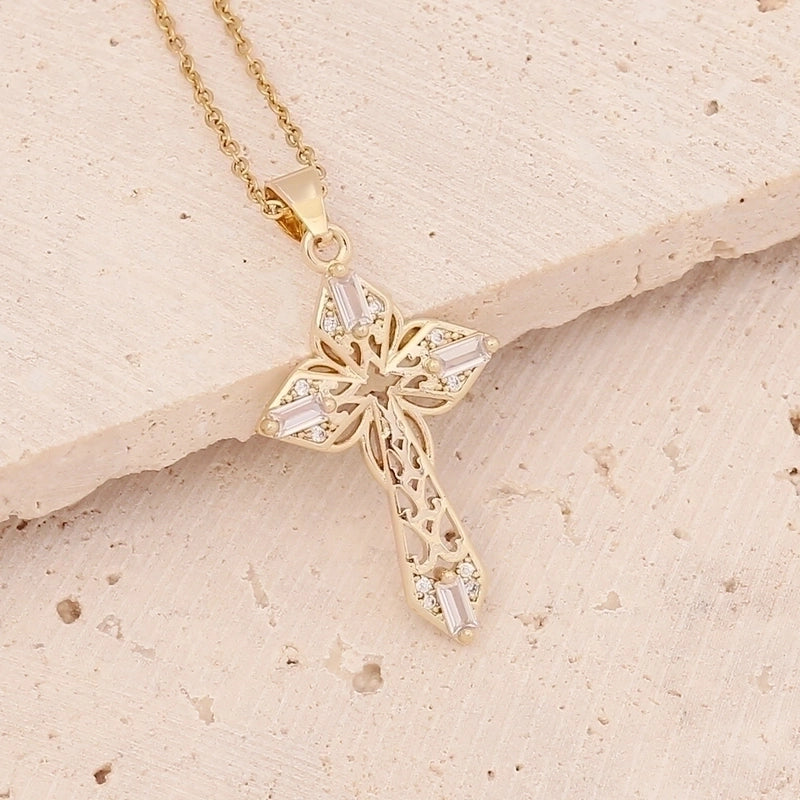 Fashion Cross Copper Inlaid Zircon 18K Gold Plated
