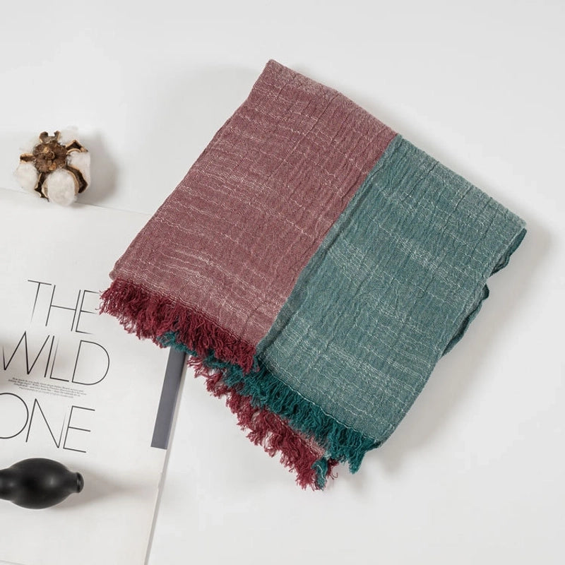 Spring And Autumn Thin Cotton And Linen Scarf Natural Wrinkle Left And Right Color-matching Cotton Scarf