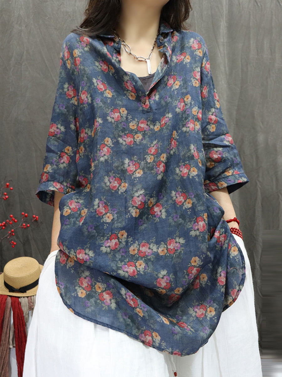 Women Summer Artsy Turn-down Collar Flower 100%Ramie Shirt