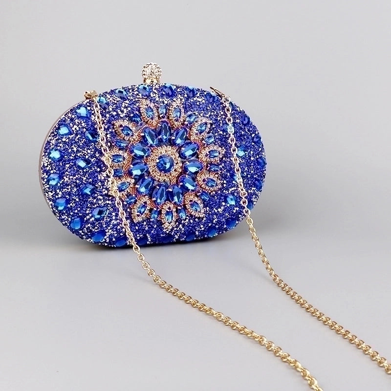 Red Green Blue Pu Leather Polyester Flower Rhinestone Oval Evening Bags