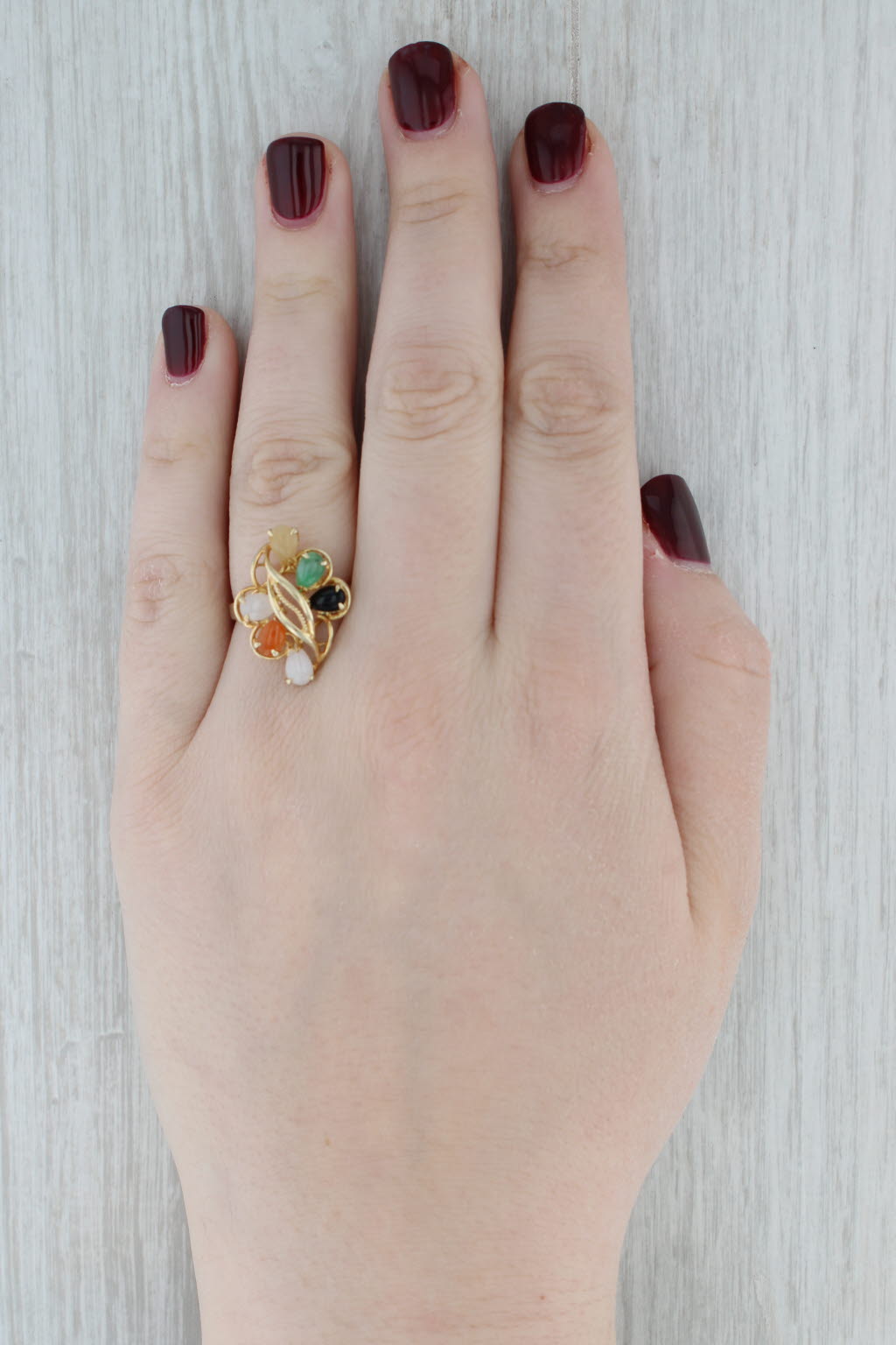 Multicolor Jadeite Jade Ring 14k Yellow Gold Pear Cabochons Size 7.75