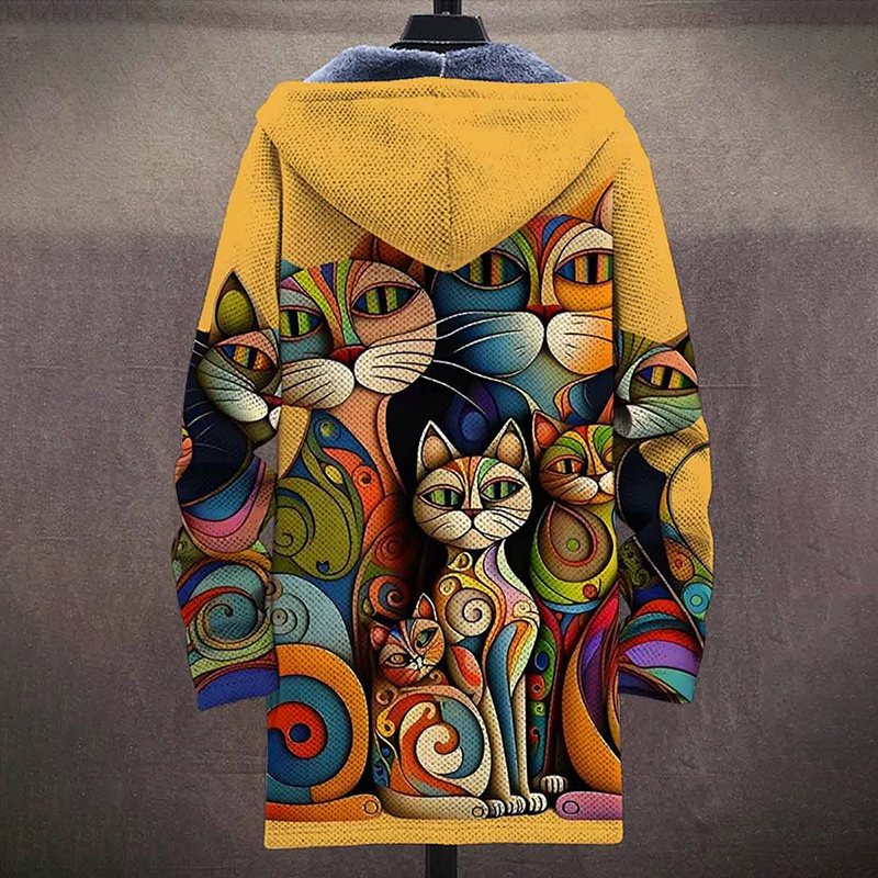 Cat Art Plush Thick Long Sleeve Printed Sweater Cardigan Jacket