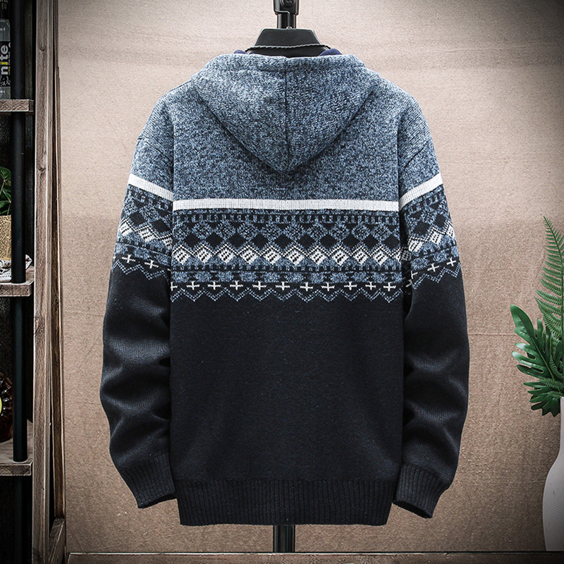 Men's Vintage Knitted Pattern Hooded Cardigan Sweater