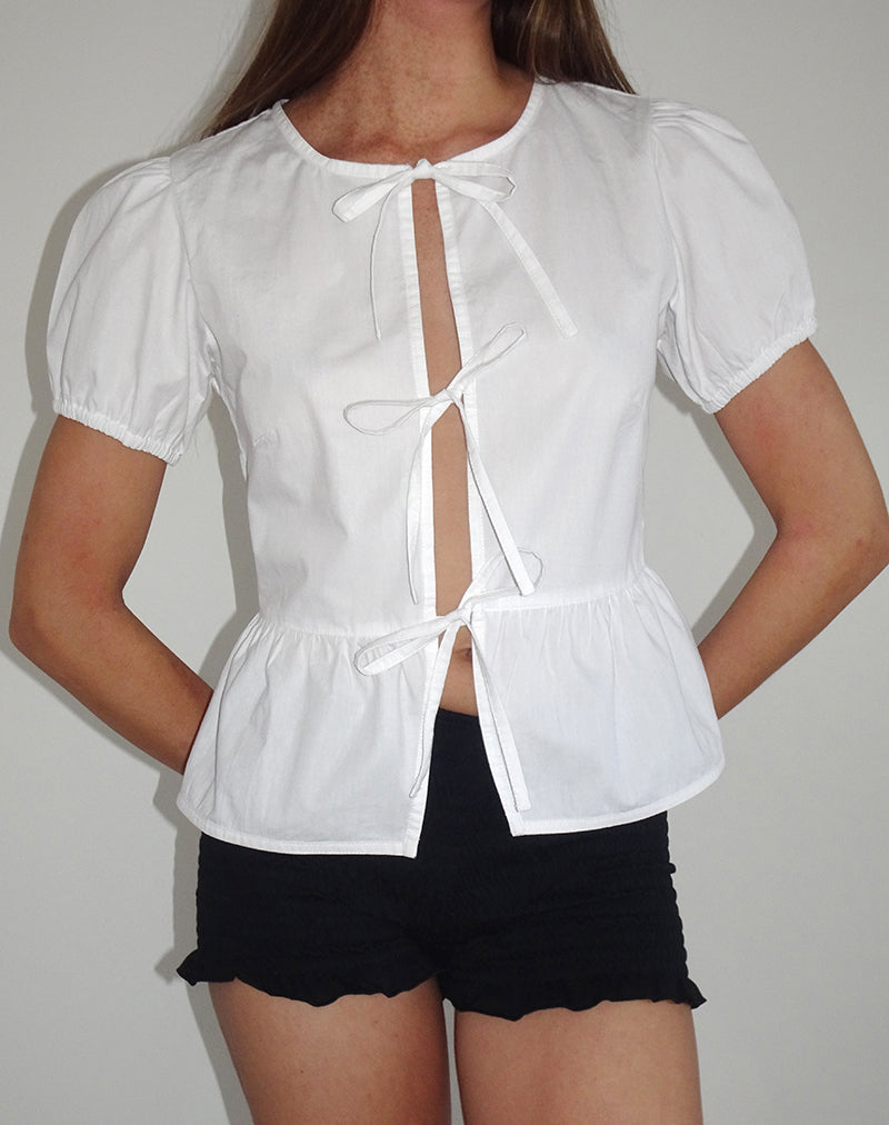 Ryota Tie Front Blouse in White with White Binding