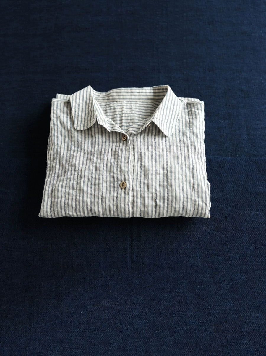 Women Summer Retro Stripe Turn-down Collar Cotton Shirt