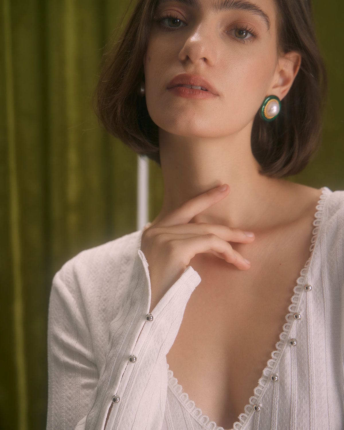 The White V Neck Lace Trim Textured Tee