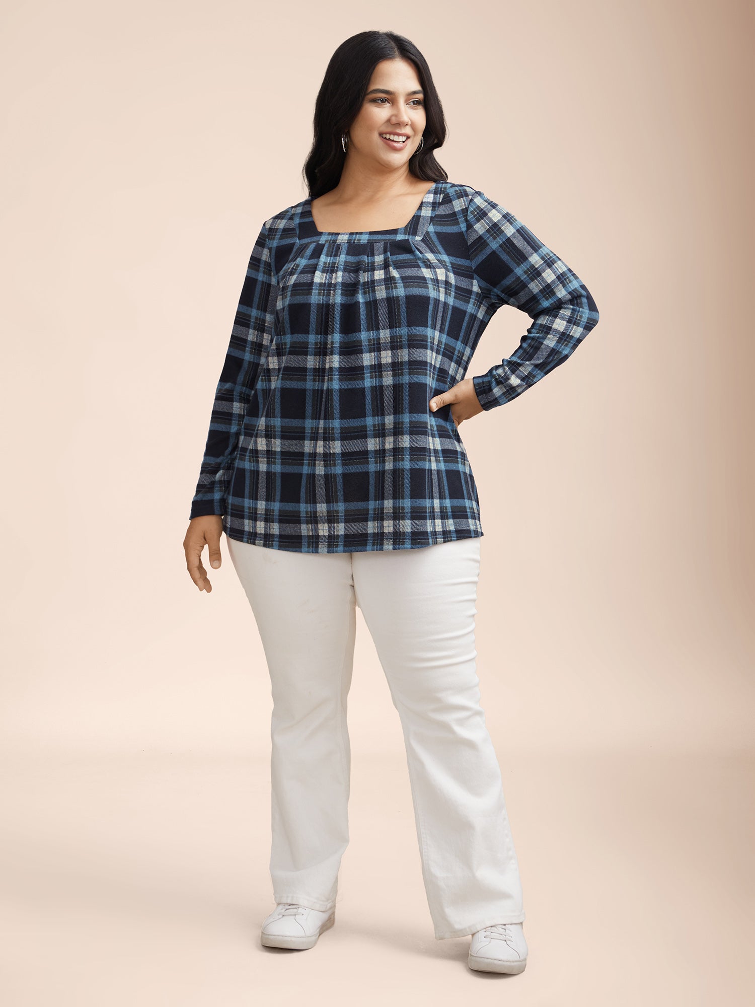 Plaid Pleated Square Neckline Knit Top