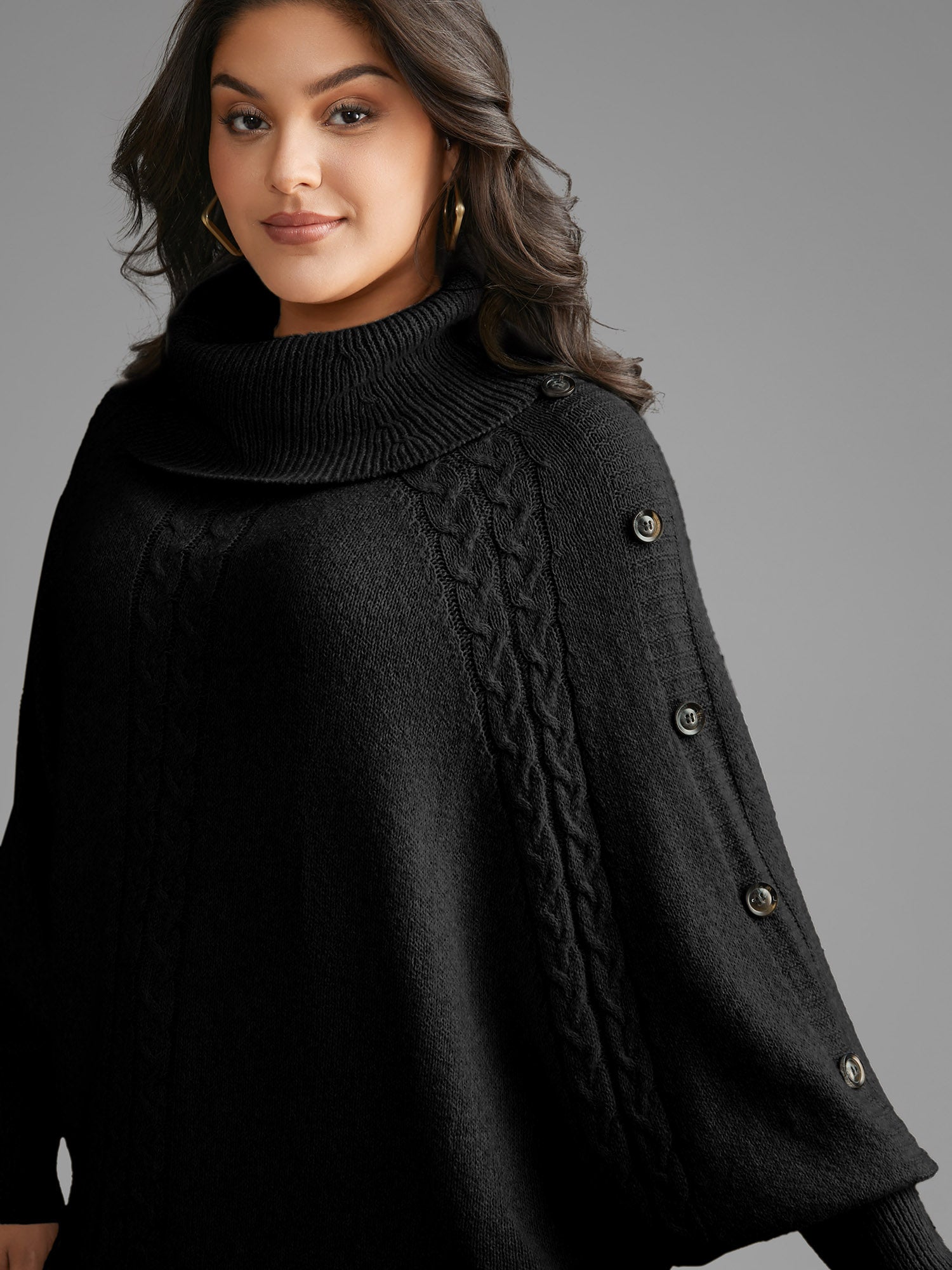 Turtleneck Cable Knit Asymmetrical Hem Pullover