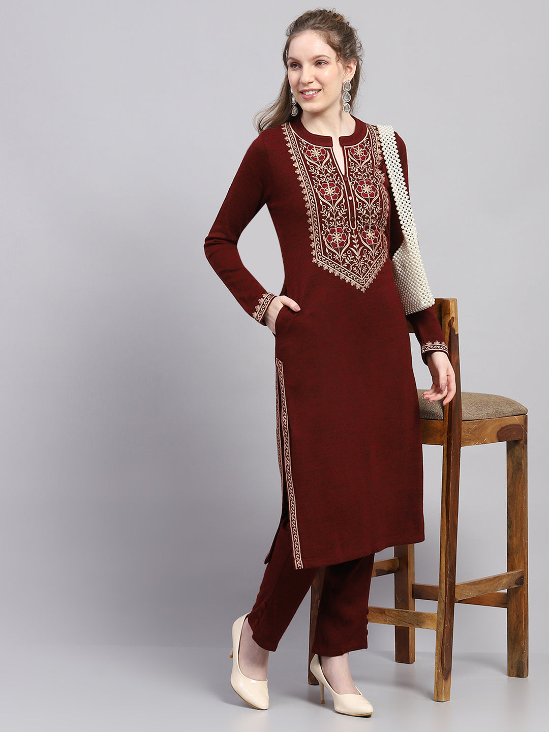 Women Maroon Embroidered Round Neck Full Sleeve Kurti Set for Winter