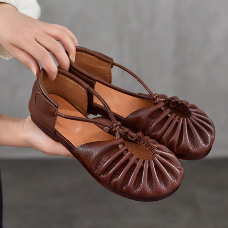 Soft Leather Flat Sandals Wrinkled Closed Toe X-Strap Casual Shoes with Velcro Design in Coffee1/Coffee2/Grey/Khaki