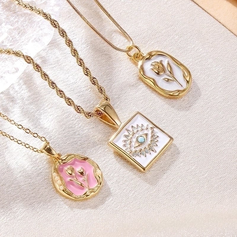 12 Pieces Elegant Retro Devil's Eye Rose Stainless Steel Enamel Plating 18k Gold Plated Pendant Necklace
