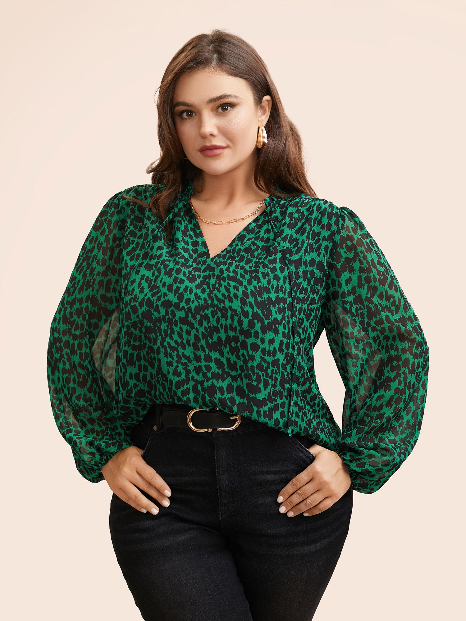 Leopard Print Tie Knot Lantern Sleeve Blouse