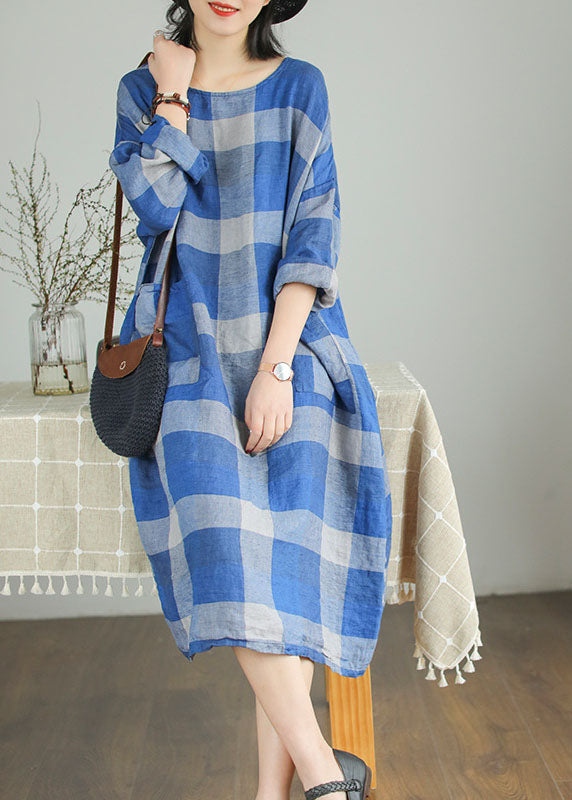 Modern Blue Loose Plaid Patchwork Linen Fall Maxi Dress