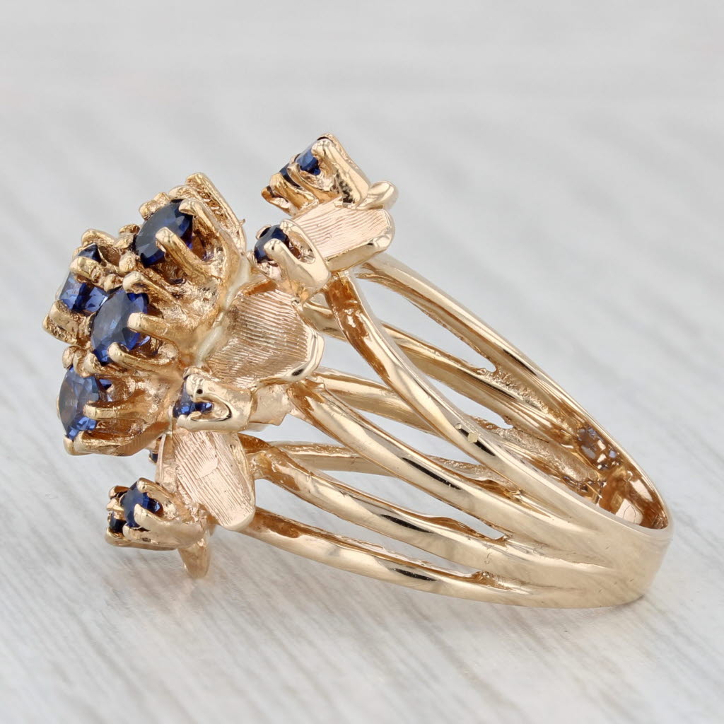 Lab Created Blue Sapphire Flower Cluster Ring 14k Yellow Gold Cocktail Size 7.5