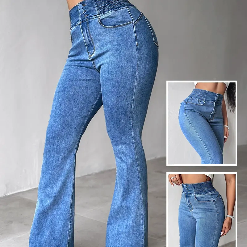 🔥Hot Sale🔥Women's Back Shirred Button Front Jeans High Waist Pants with Pockets