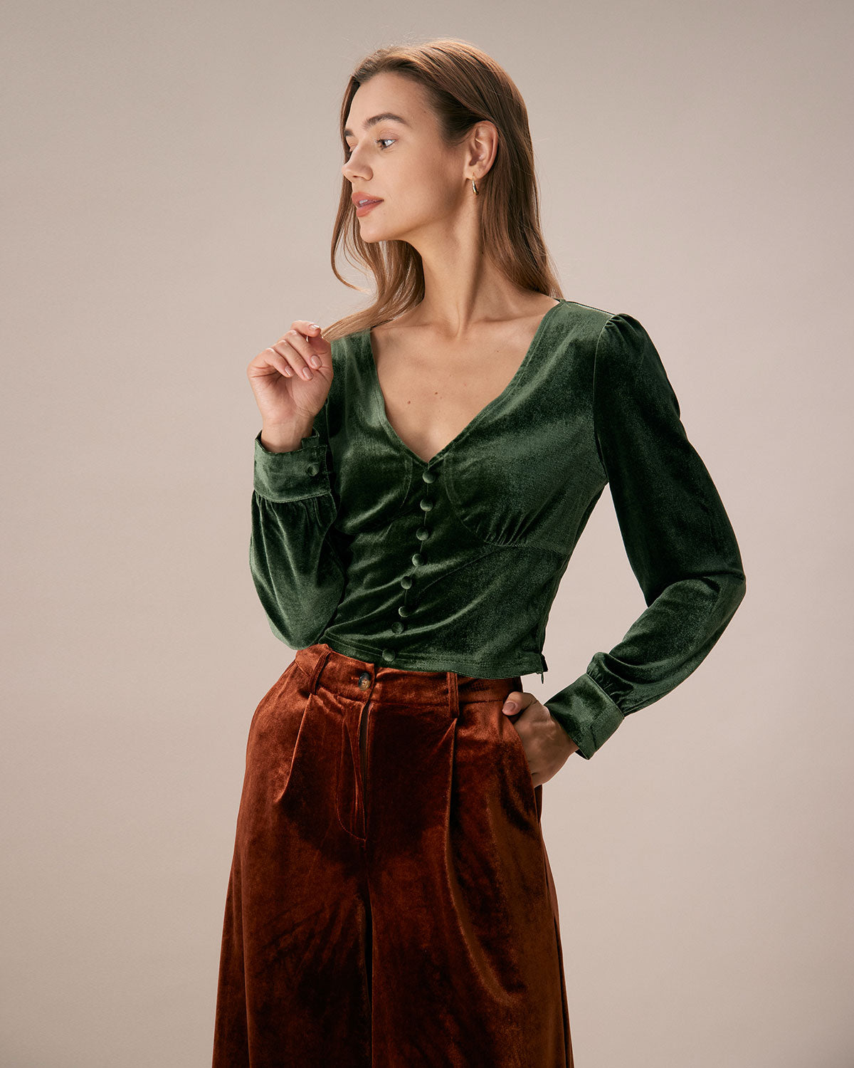 The Dark Green V Neck Button Velvet Blouse