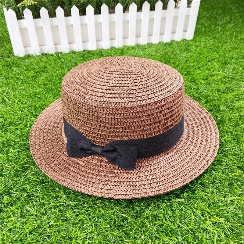 Straw Hat Shading Hat Summer Flat-brimmed Bow Straw Flat Top Hat